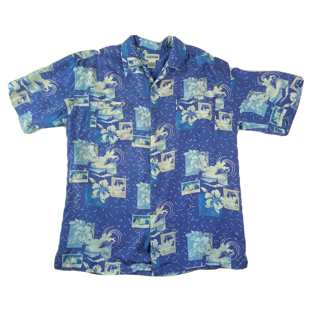 Visitor Hawaiian Shirt Men M Blue Silk Floral Stamp Print Aloha Retro 80s‎ 90s